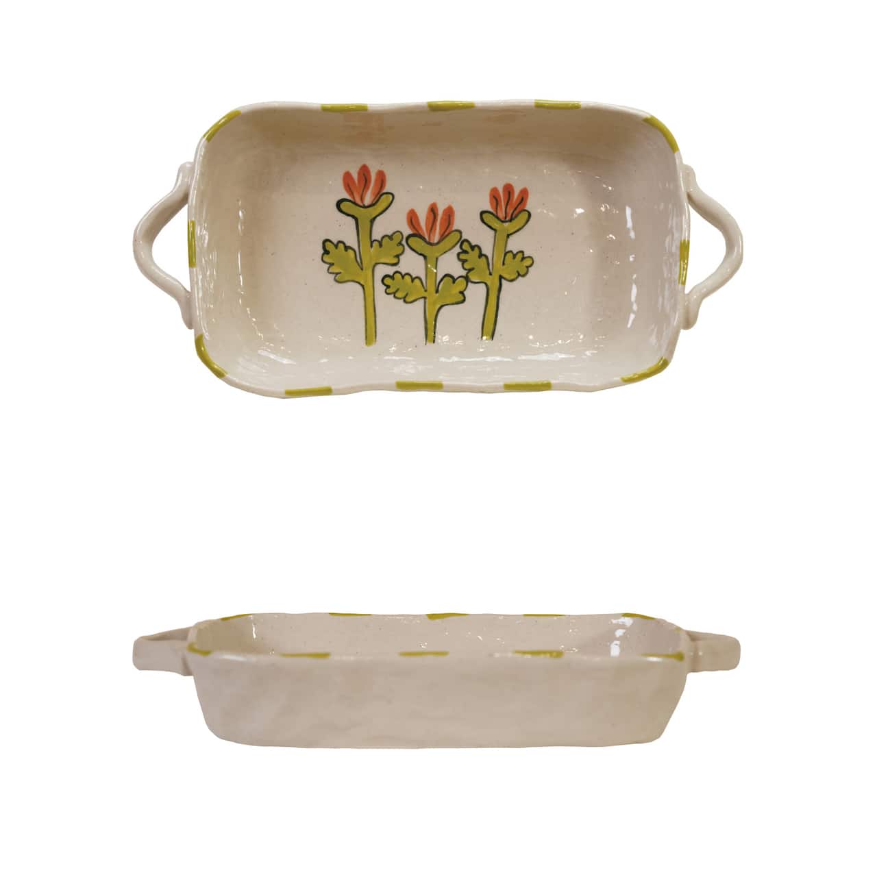 Hello Honey 12-Ounce Hand-Painted Stoneware Organic Shaped Baker with Handles and Flower, Multicolor